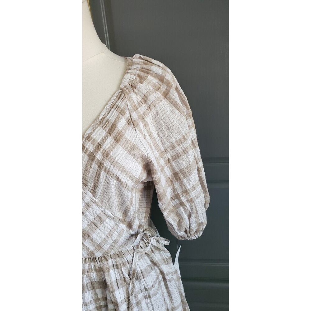 Love, Whit By Whitney Port Beige Summer Plaid Tie Wrap Dress Balloon Sleeves NWT - Picture 5 of 8